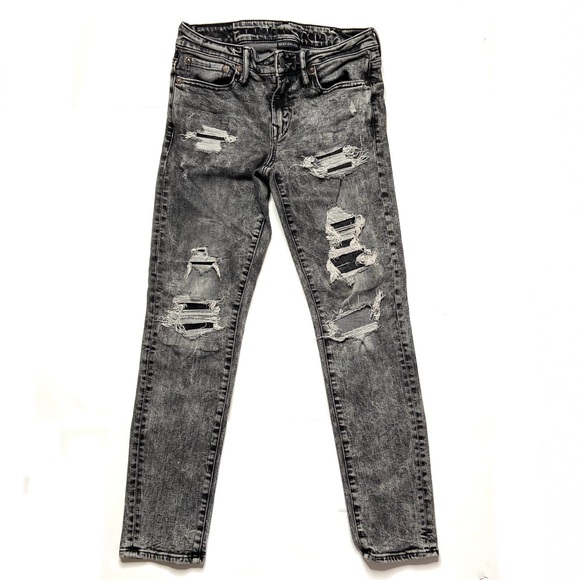 AMERICAN EAGLE Next Level Flex Faded Black Patched Skinny Jean - Picture 1 of 15